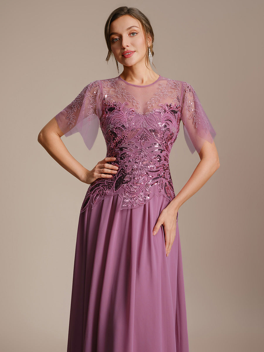 ever LUSTRE|Embroidered Sequin Ruffle Sleeve Black Tie Evening Dress