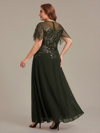 ever LUSTRE|Embroidered Sequin Ruffle Sleeve Black Tie Evening Dress