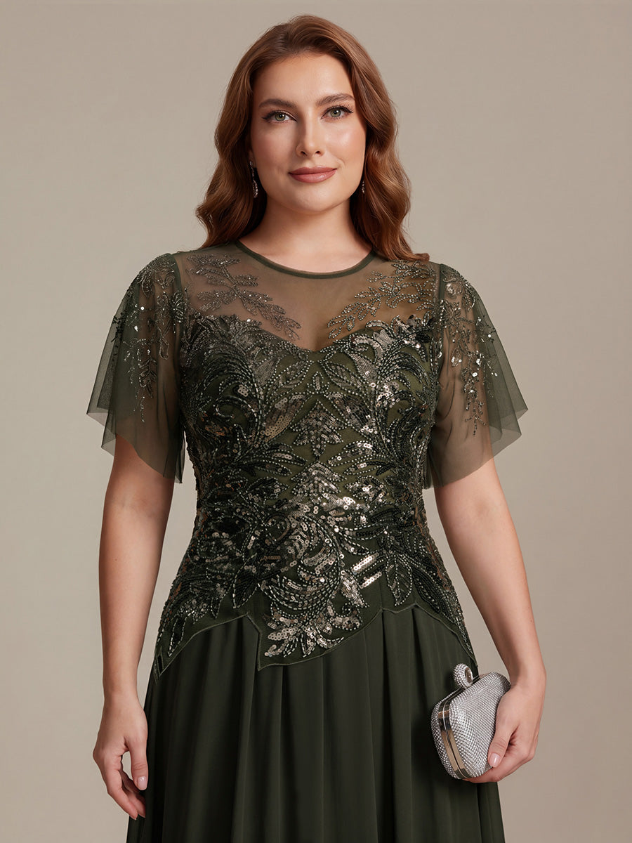ever LUSTRE|Embroidered Sequin Ruffle Sleeve Black Tie Evening Dress