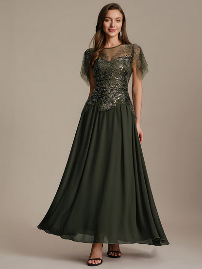 ever LUSTRE|Embroidered Sequin Ruffle Sleeve Black Tie Evening Dress