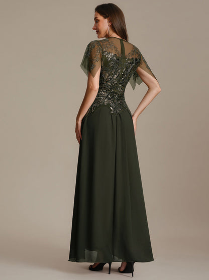 ever LUSTRE|Embroidered Sequin Ruffle Sleeve Black Tie Evening Dress