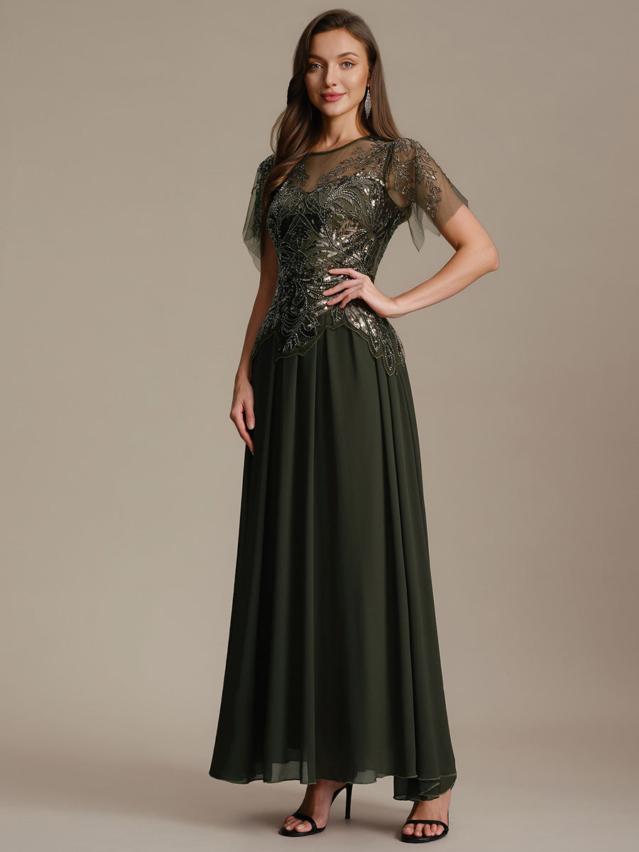 ever LUSTRE|Embroidered Sequin Ruffle Sleeve Black Tie Evening Dress