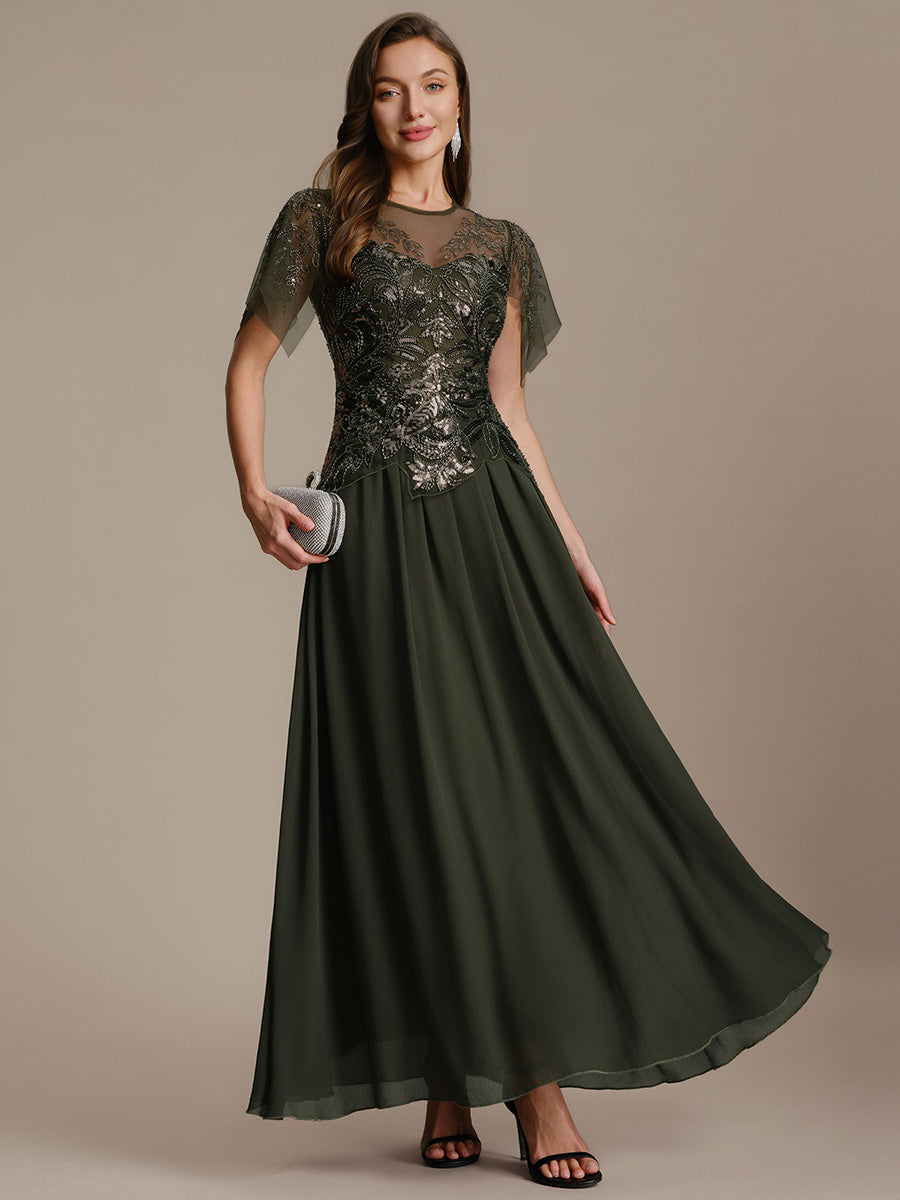 ever LUSTRE|Embroidered Sequin Ruffle Sleeve Black Tie Evening Dress