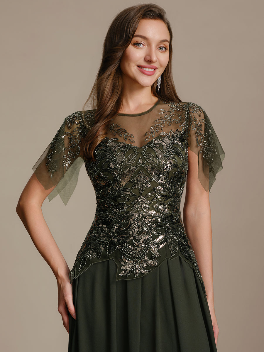 ever LUSTRE|Embroidered Sequin Ruffle Sleeve Black Tie Evening Dress