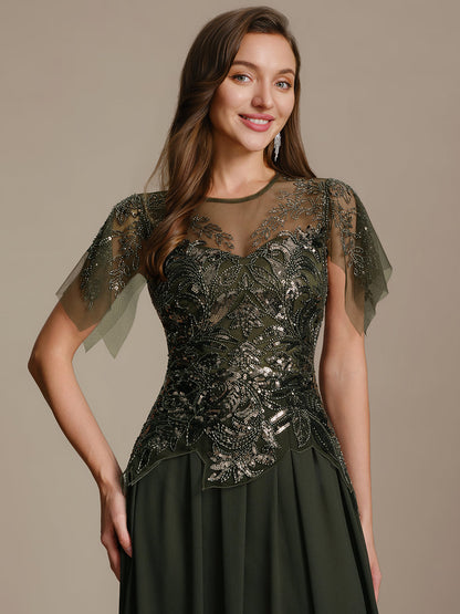 ever LUSTRE|Embroidered Sequin Ruffle Sleeve Black Tie Evening Dress
