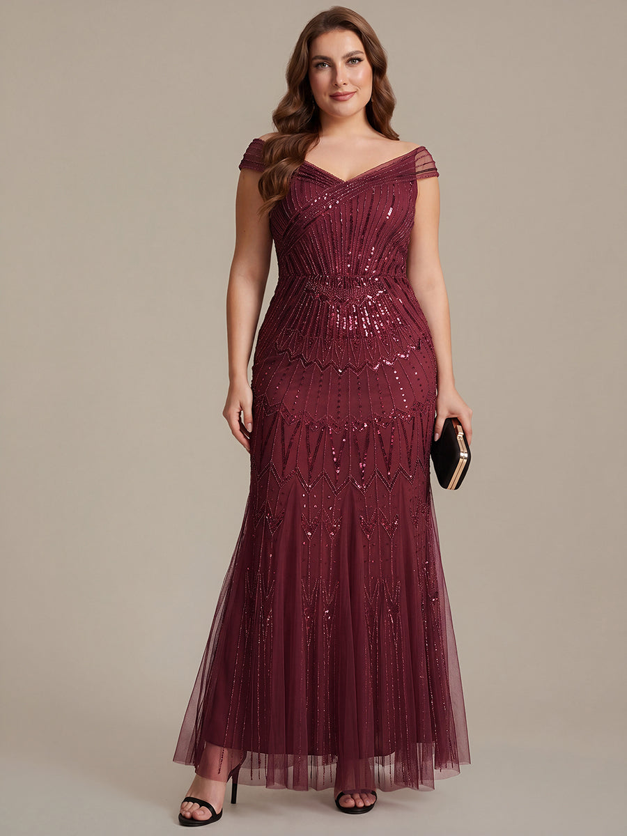 ever CABARET|Sequin Drop Shoulder Sleeve Beaded Formal Dress