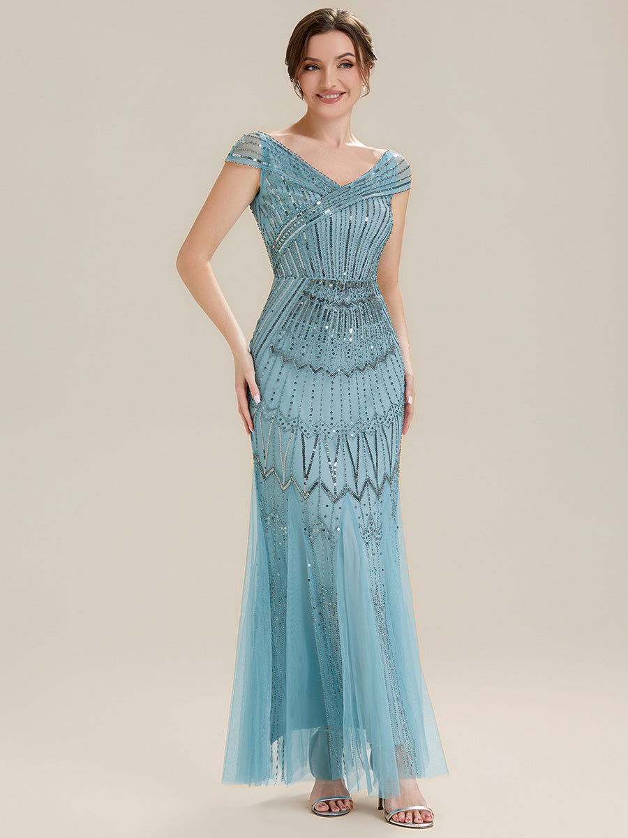 ever CABARET|Sequin Drop Shoulder Sleeve Beaded Formal Dress