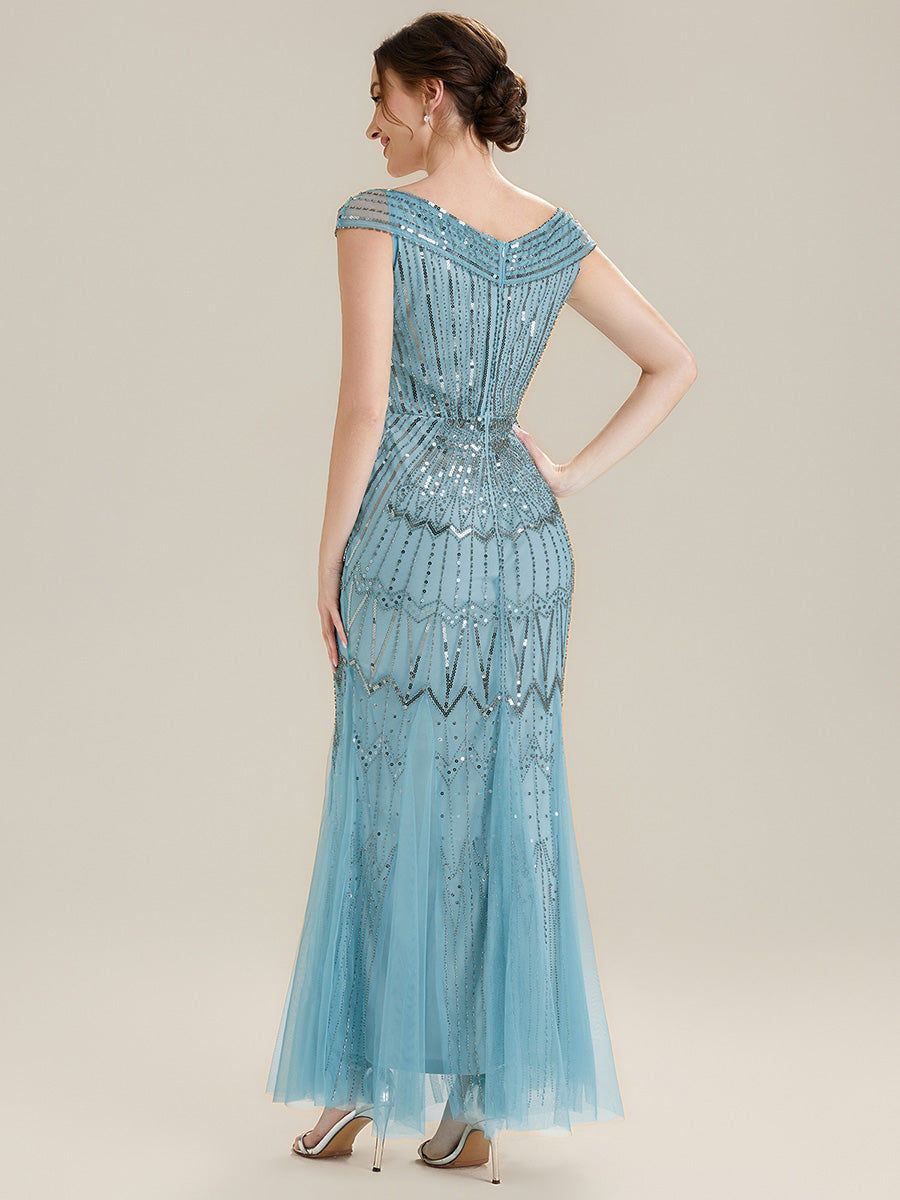 ever CABARET|Sequin Drop Shoulder Sleeve Beaded Formal Dress