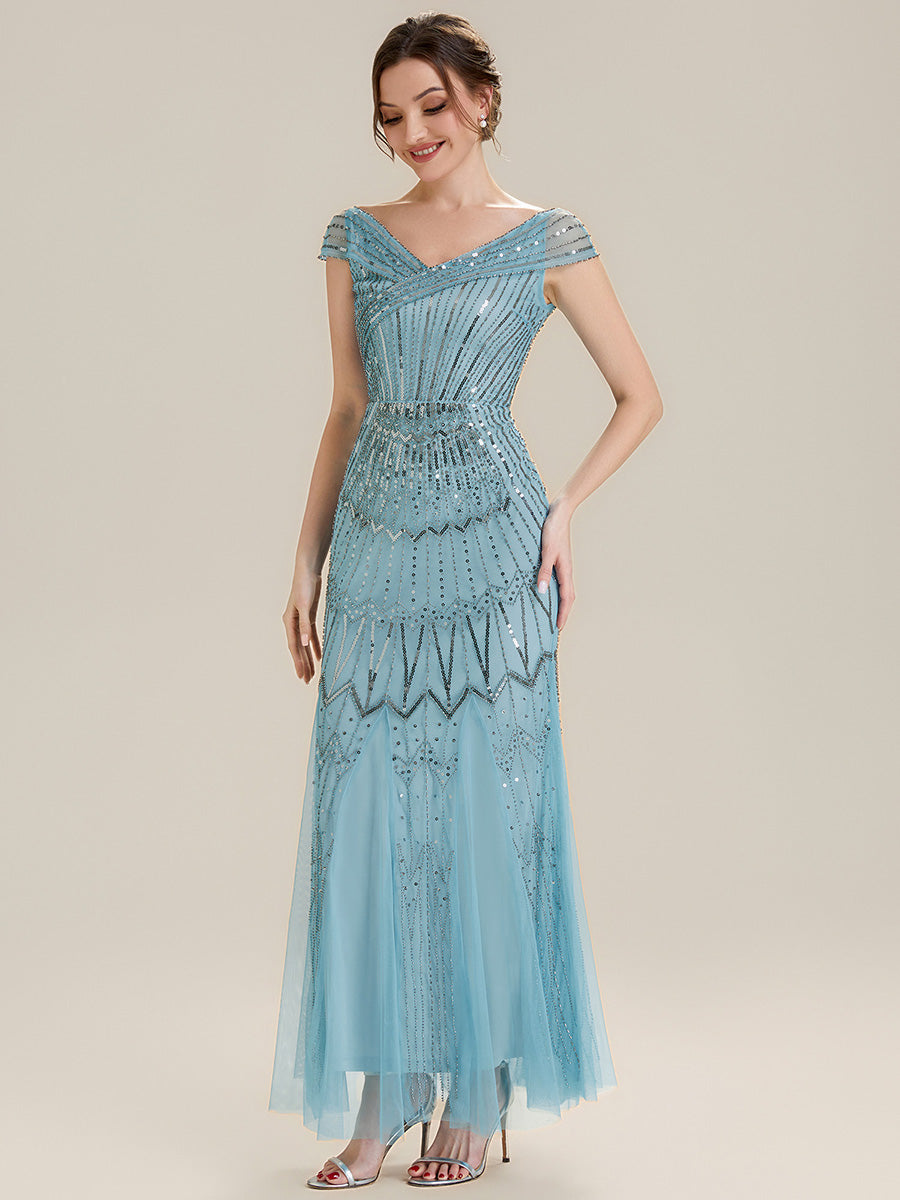 ever CABARET|Sequin Drop Shoulder Sleeve Beaded Formal Dress