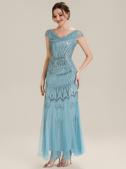 ever CABARET|Sequin Drop Shoulder Sleeve Beaded Formal Dress