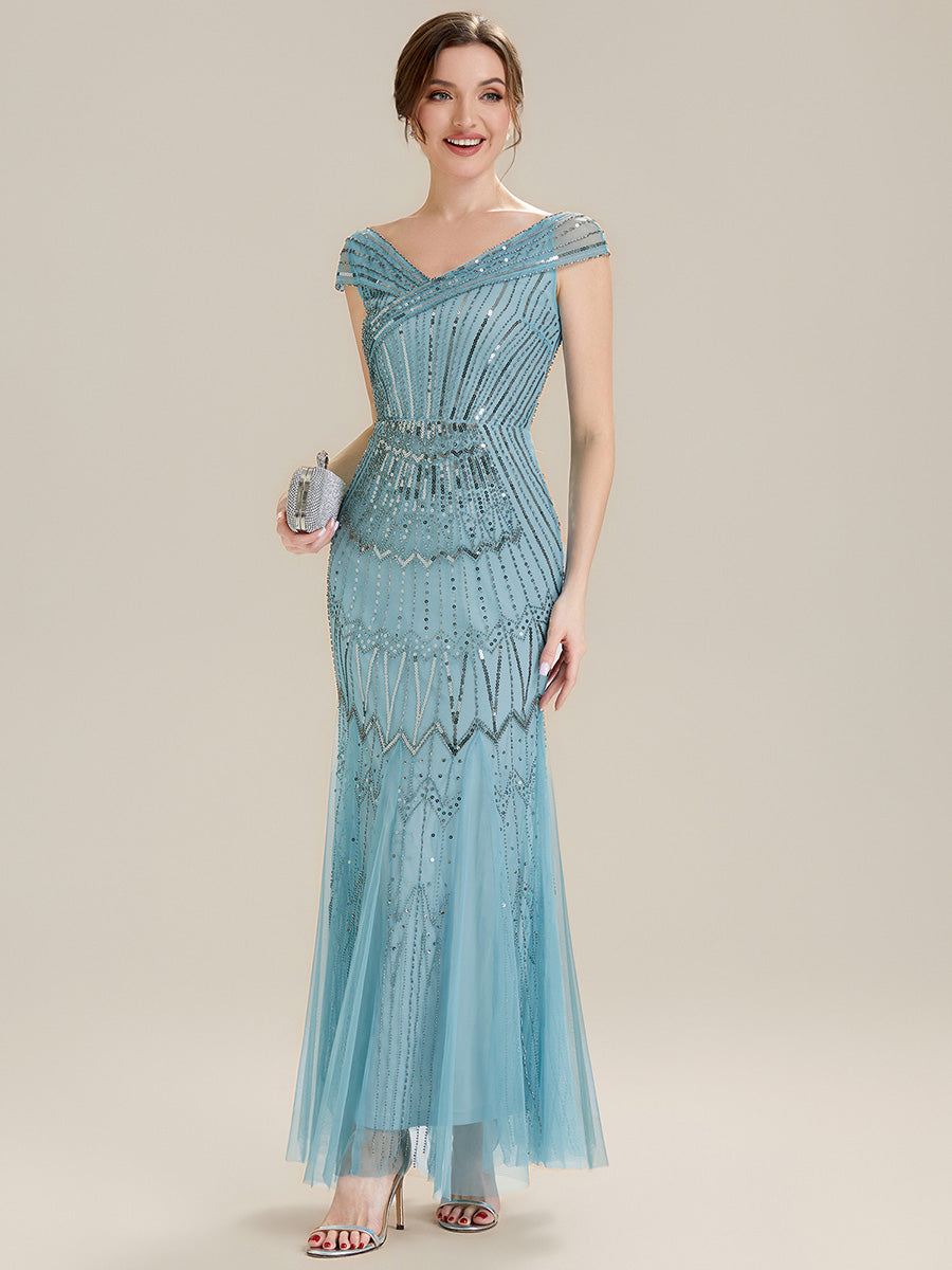 ever CABARET|Sequin Drop Shoulder Sleeve Beaded Formal Dress