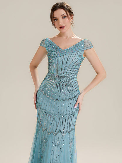 ever CABARET|Sequin Drop Shoulder Sleeve Beaded Formal Dress