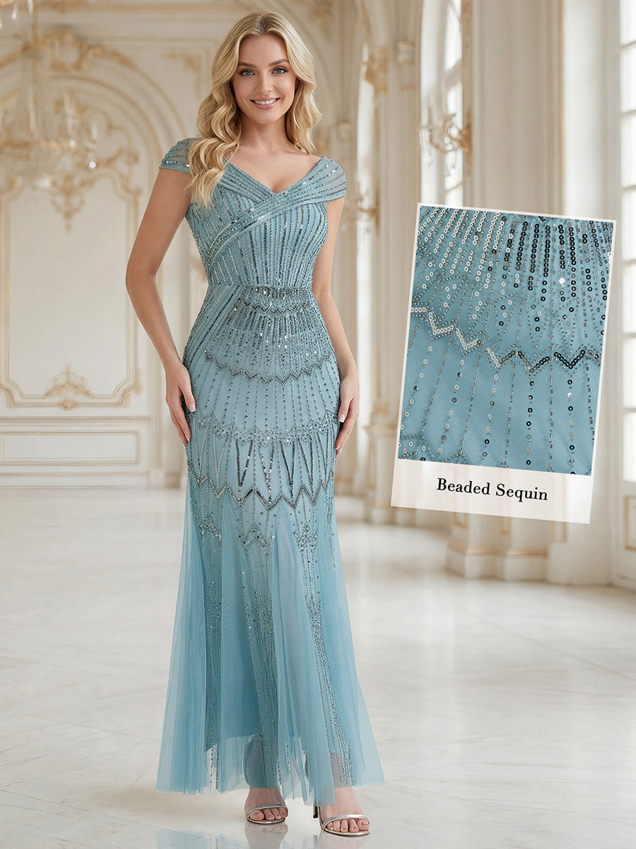 ever CABARET|Sequin Drop Shoulder Sleeve Beaded Formal Dress