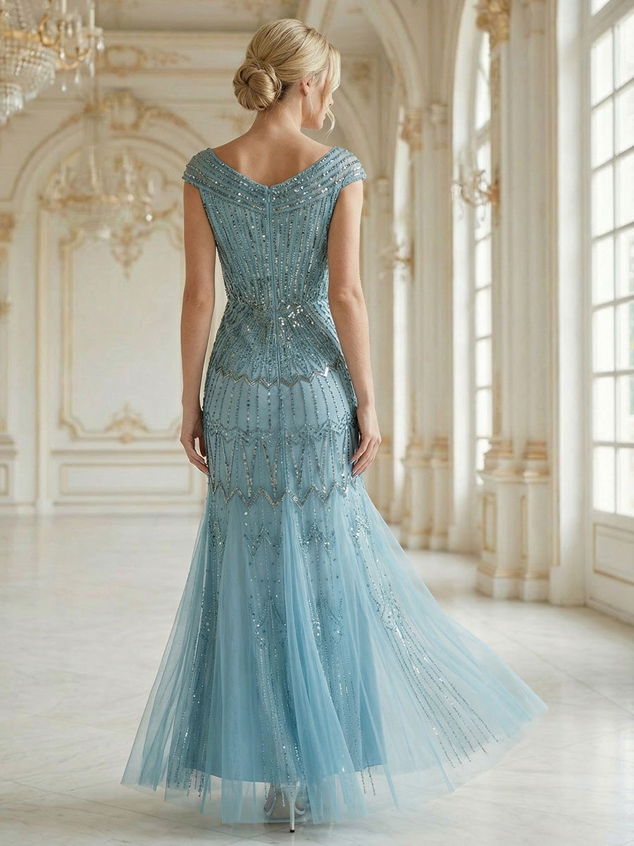 ever CABARET|Sequin Drop Shoulder Sleeve Beaded Formal Dress