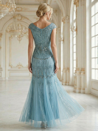 ever CABARET|Sequin Drop Shoulder Sleeve Beaded Formal Dress