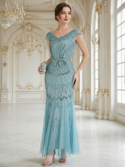 ever CABARET|Sequin Drop Shoulder Sleeve Beaded Formal Dress