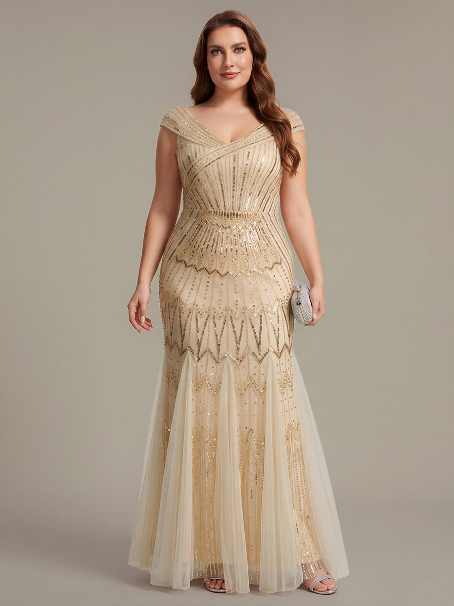 ever CABARET|Sequin Drop Shoulder Sleeve Beaded Formal Dress