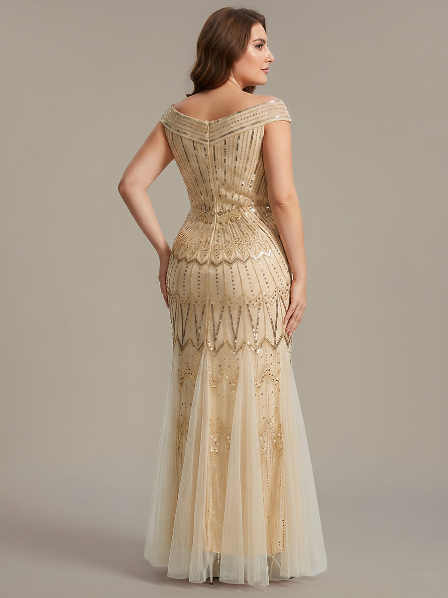 ever CABARET|Sequin Drop Shoulder Sleeve Beaded Formal Dress