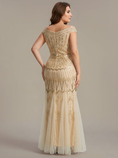 ever CABARET|Sequin Drop Shoulder Sleeve Beaded Formal Dress