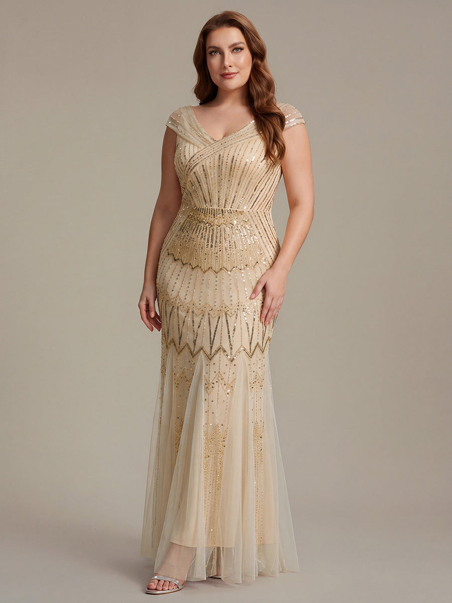 ever CABARET|Sequin Drop Shoulder Sleeve Beaded Formal Dress