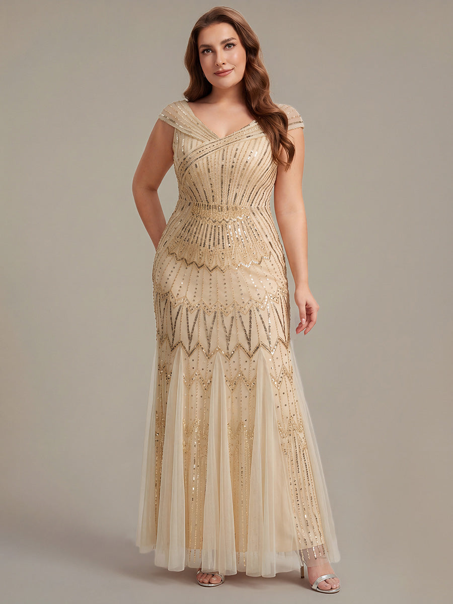ever CABARET|Sequin Drop Shoulder Sleeve Beaded Formal Dress