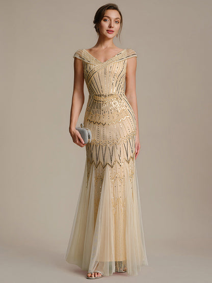 ever CABARET|Sequin Drop Shoulder Sleeve Beaded Formal Dress