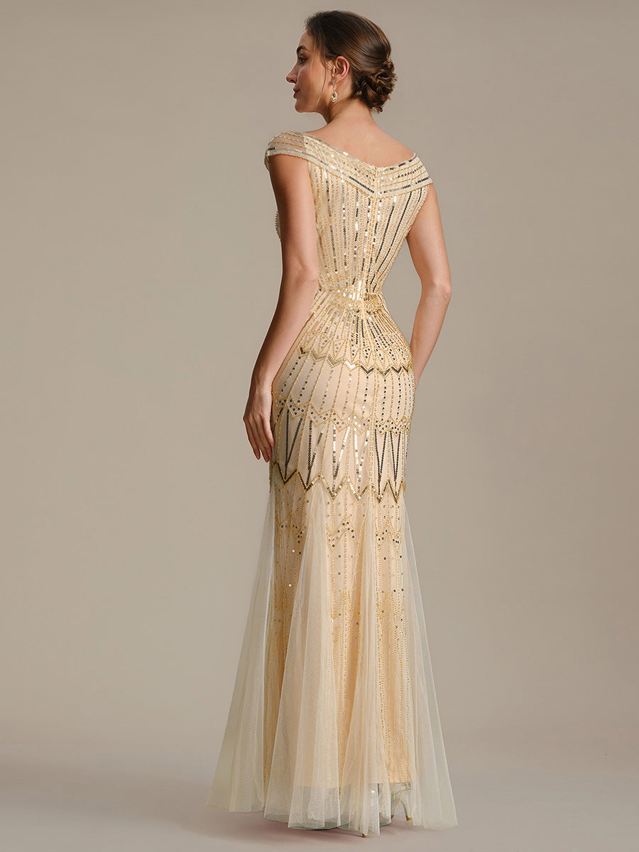 ever CABARET|Sequin Drop Shoulder Sleeve Beaded Formal Dress