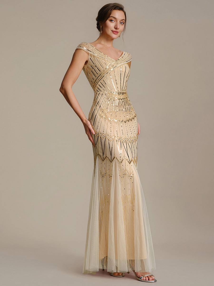ever CABARET|Sequin Drop Shoulder Sleeve Beaded Formal Dress