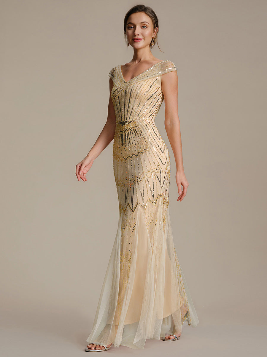 ever CABARET|Sequin Drop Shoulder Sleeve Beaded Formal Dress