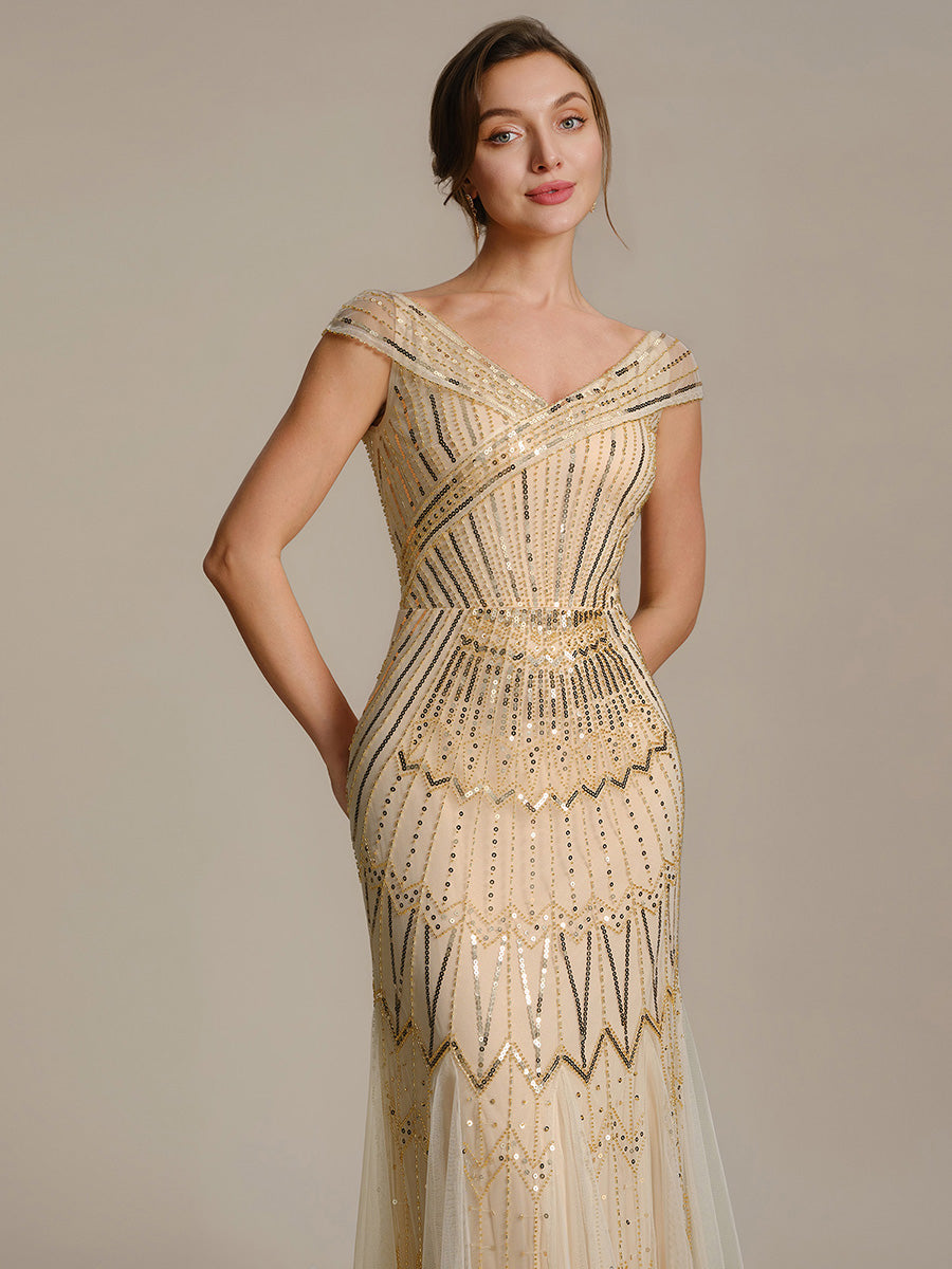 ever CABARET|Sequin Drop Shoulder Sleeve Beaded Formal Dress