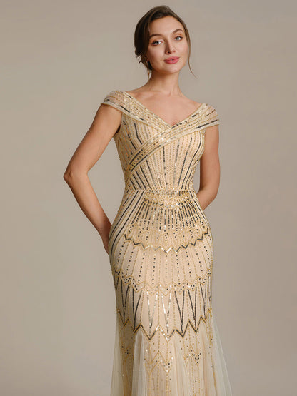 ever CABARET|Sequin Drop Shoulder Sleeve Beaded Formal Dress