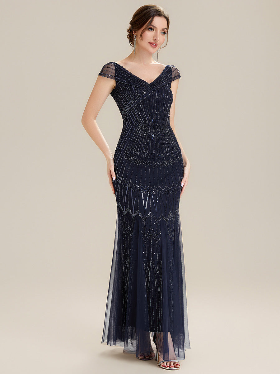 ever CABARET|Sequin Drop Shoulder Sleeve Beaded Formal Dress