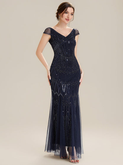 ever CABARET|Sequin Drop Shoulder Sleeve Beaded Formal Dress
