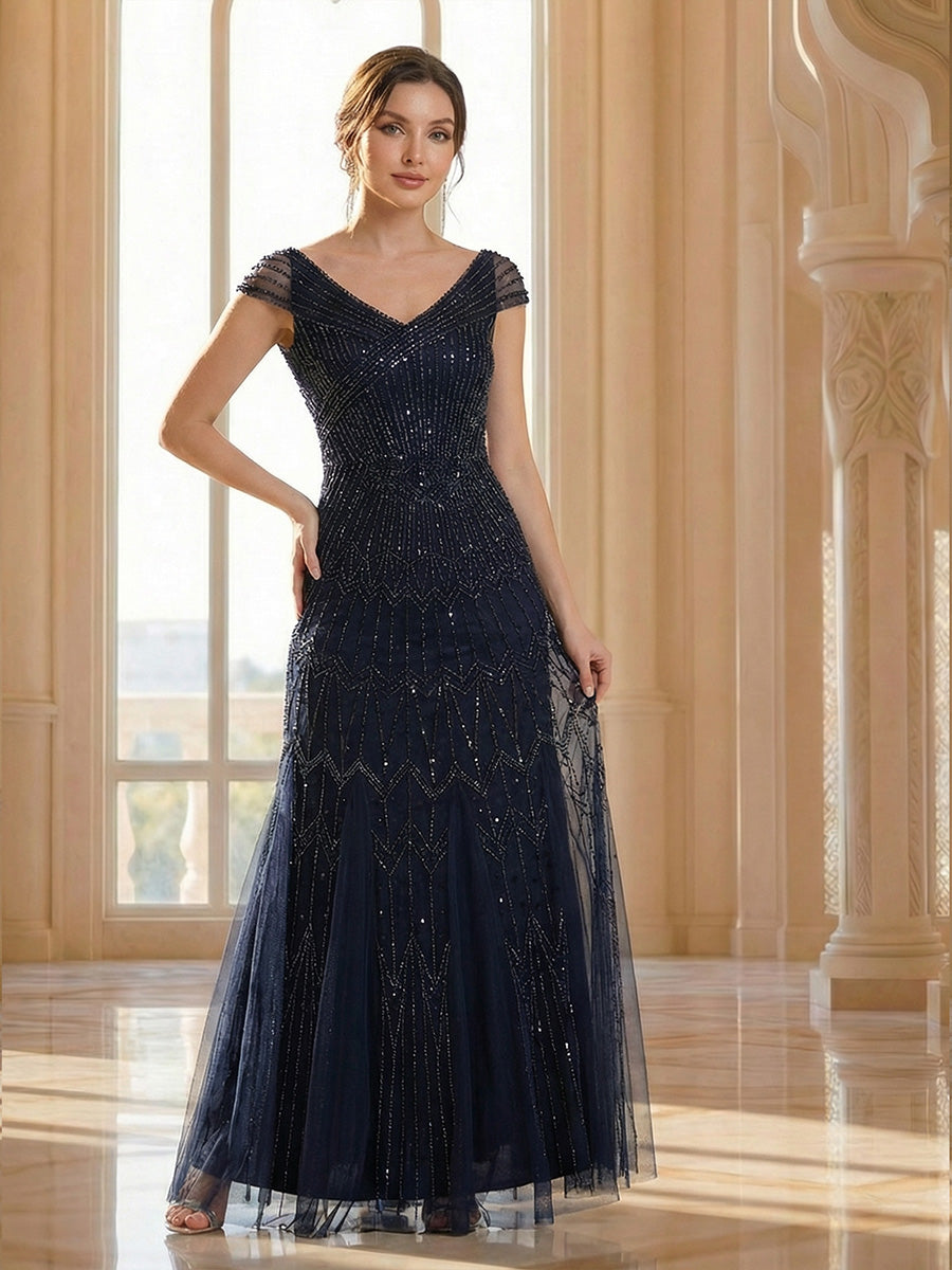 ever CABARET|Sequin Drop Shoulder Sleeve Beaded Formal Dress