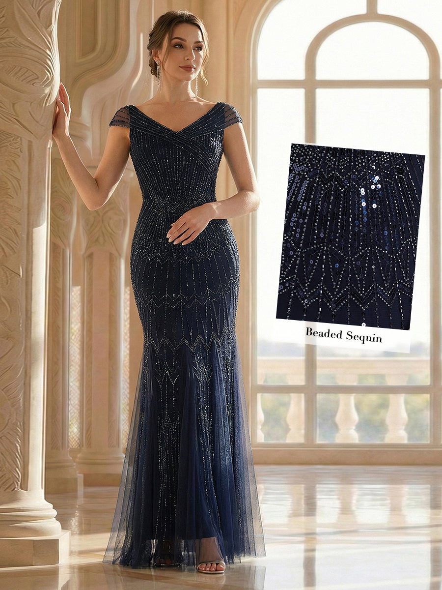 ever CABARET|Sequin Drop Shoulder Sleeve Beaded Formal Dress