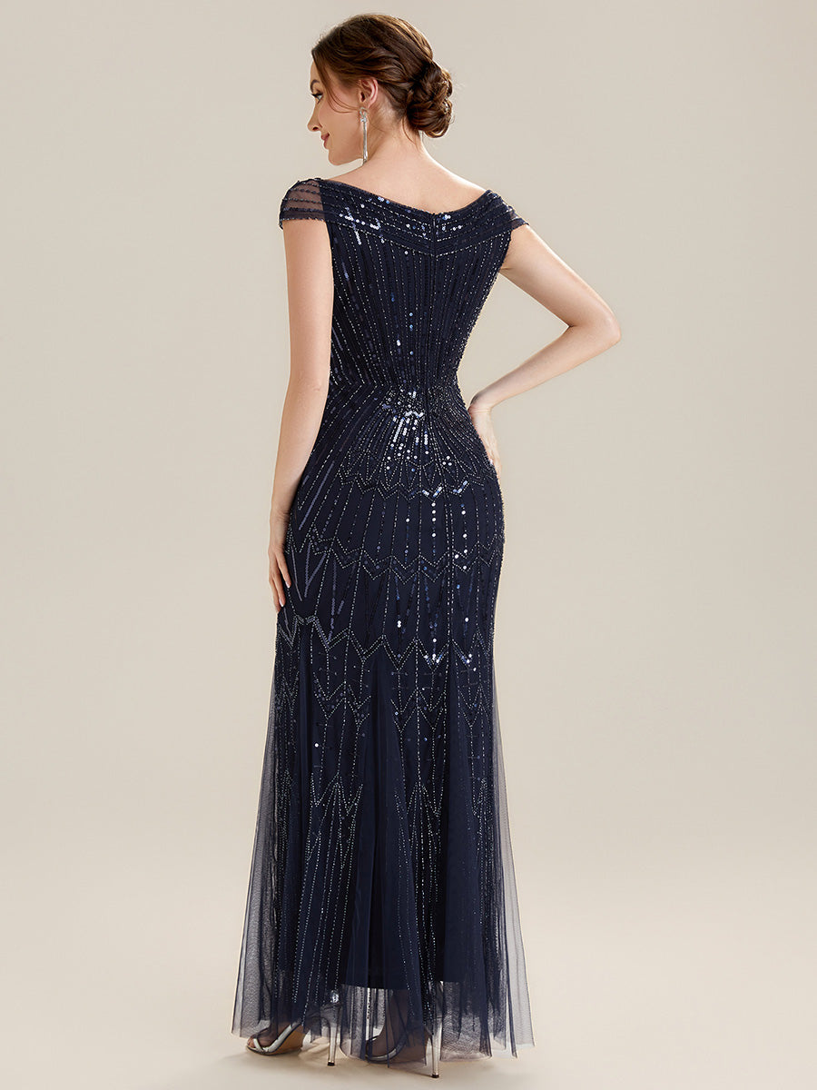 ever CABARET|Sequin Drop Shoulder Sleeve Beaded Formal Dress