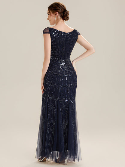 ever CABARET|Sequin Drop Shoulder Sleeve Beaded Formal Dress