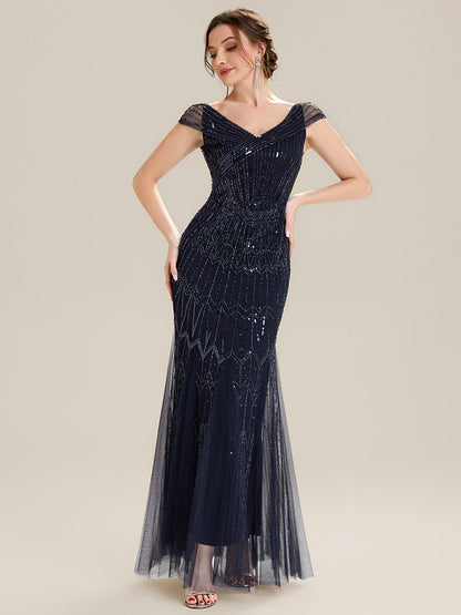 ever CABARET|Sequin Drop Shoulder Sleeve Beaded Formal Dress