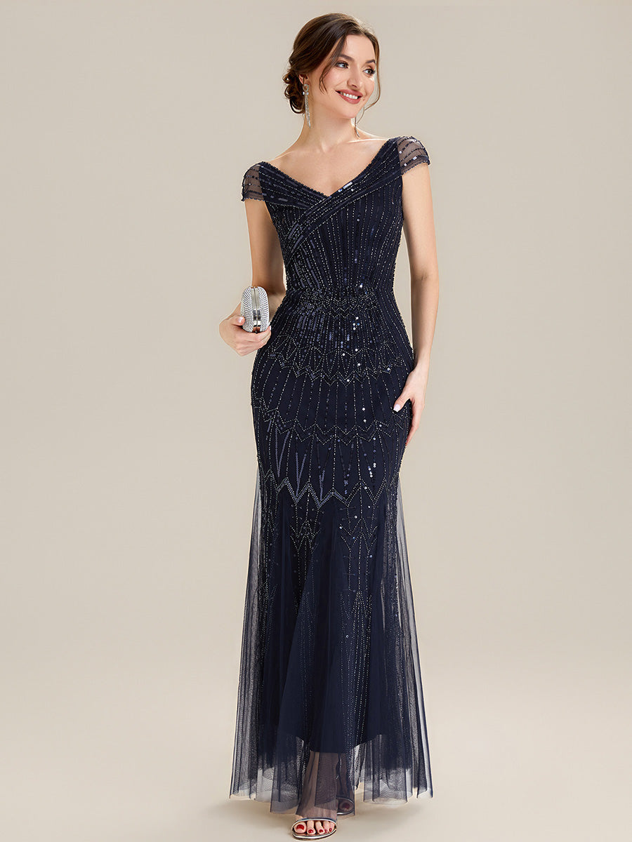 ever CABARET|Sequin Drop Shoulder Sleeve Beaded Formal Dress