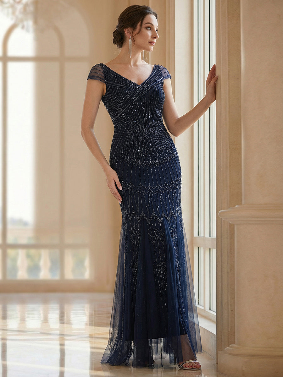 ever CABARET|Sequin Drop Shoulder Sleeve Beaded Formal Dress