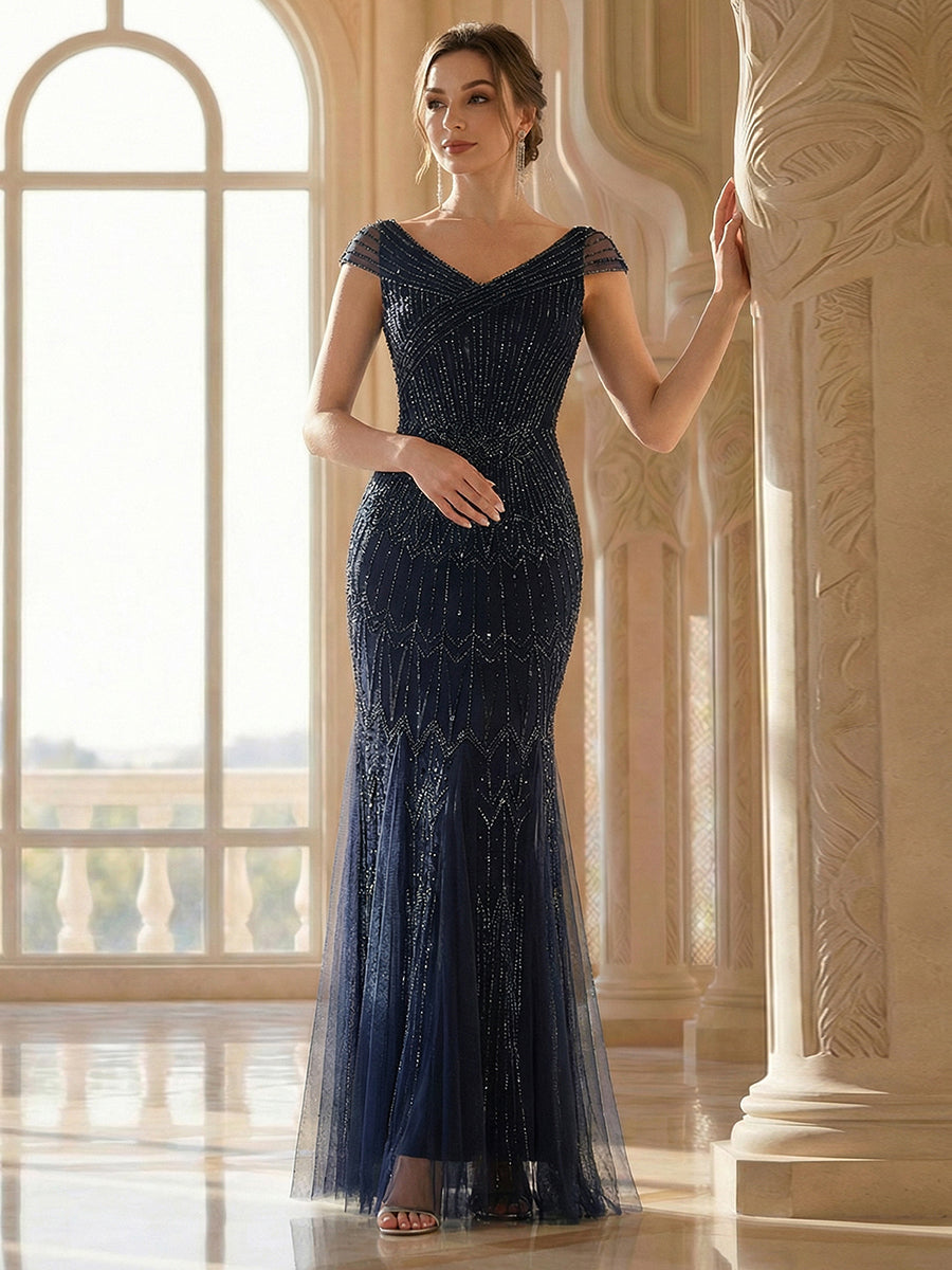 ever CABARET|Sequin Drop Shoulder Sleeve Beaded Formal Dress