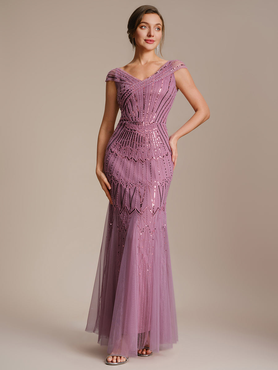 ever CABARET|Sequin Drop Shoulder Sleeve Beaded Formal Dress