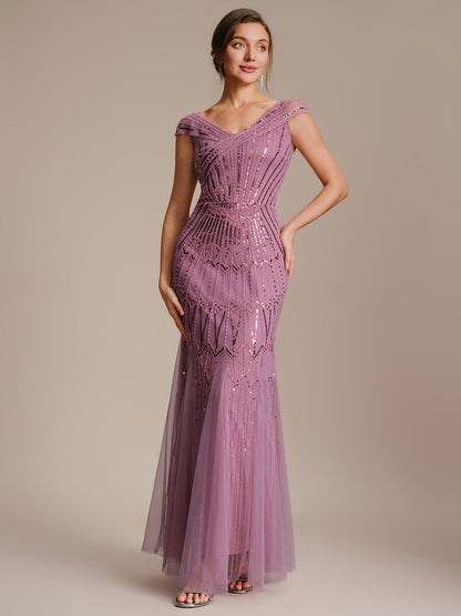 ever CABARET|Sequin Drop Shoulder Sleeve Beaded Formal Dress
