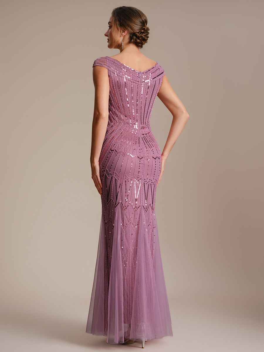 ever CABARET|Sequin Drop Shoulder Sleeve Beaded Formal Dress