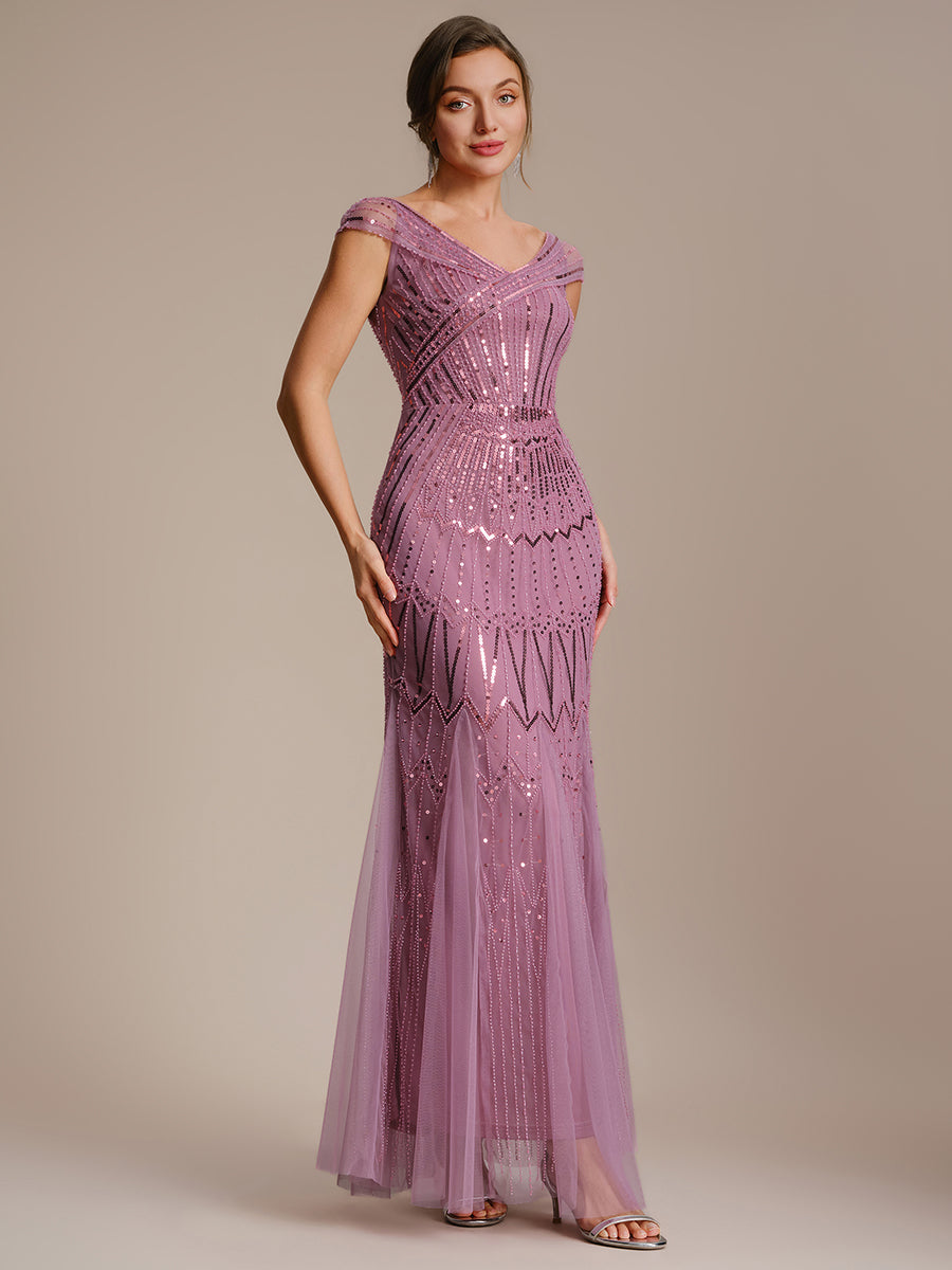 ever CABARET|Sequin Drop Shoulder Sleeve Beaded Formal Dress