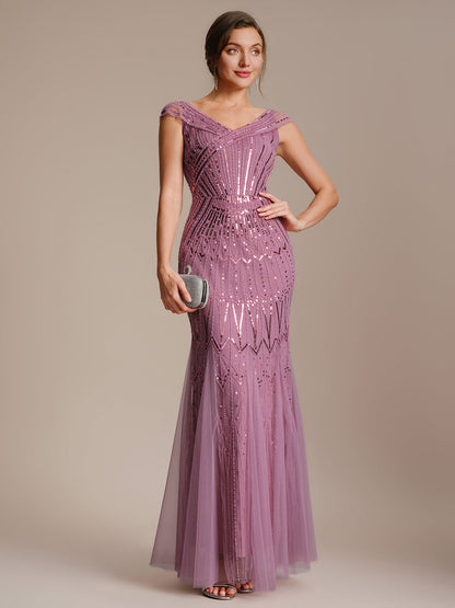 ever CABARET|Sequin Drop Shoulder Sleeve Beaded Formal Dress