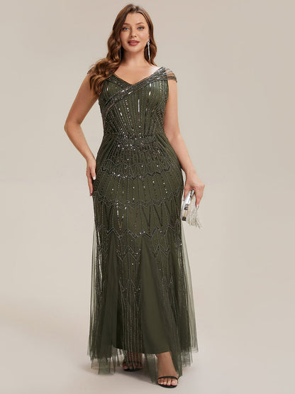 ever CABARET|Sequin Drop Shoulder Sleeve Beaded Formal Dress