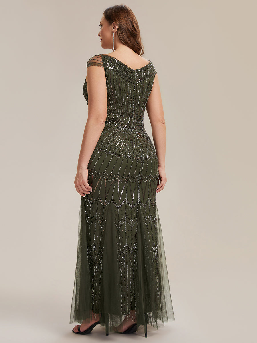 ever CABARET|Sequin Drop Shoulder Sleeve Beaded Formal Dress