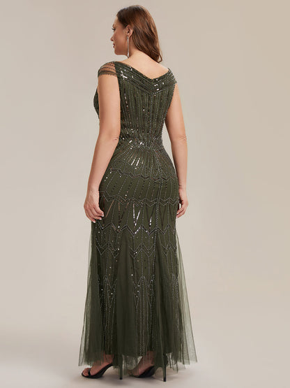 ever CABARET|Sequin Drop Shoulder Sleeve Beaded Formal Dress
