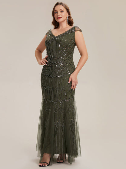 ever CABARET|Sequin Drop Shoulder Sleeve Beaded Formal Dress